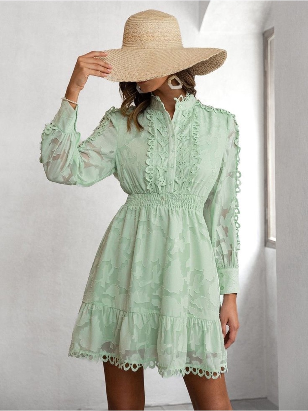 Simplee Apparel Mint Green Lace-Trim Mini Dress